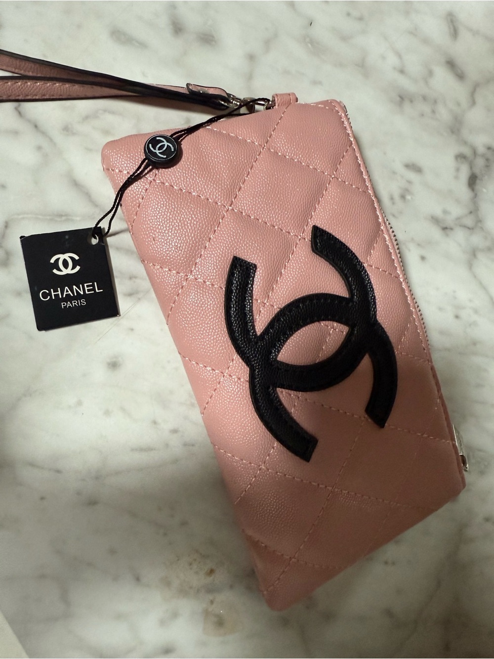 CC Pink Quilted Wristlet with Black CC Emblem